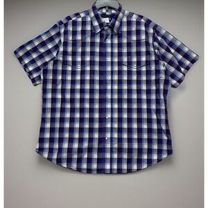 Wrangler‎ Western Shirt Mens XL Pearl Snap Purple Blue Gray Plaid Short Sleeves